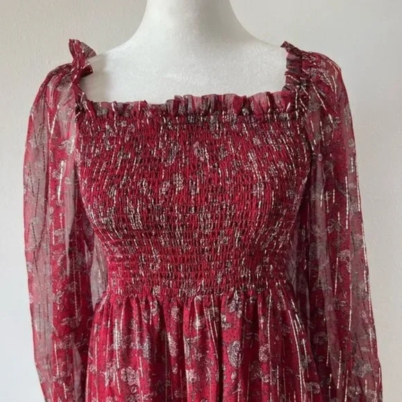 A Loves A Floral Printed Long Sleeve Square Neck Smocked Midi Dress in wine red - Picture 4 of 7